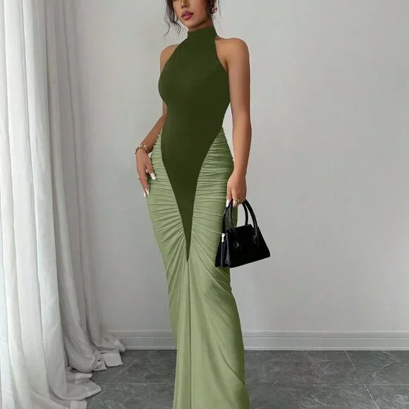 Army Green Elegant Women's Halter Neck Color Block Cinched Waist Fishtail Dress - Picture 4 of 6